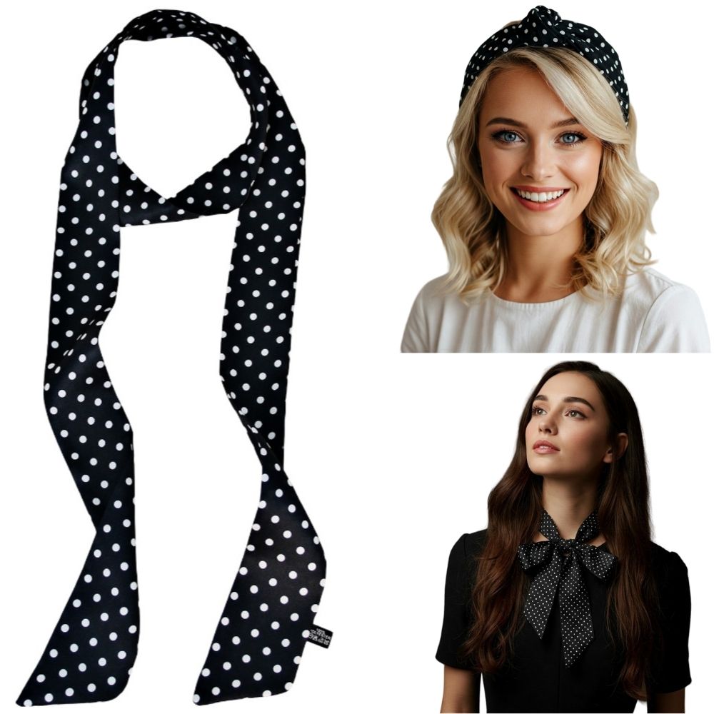 Satin Long Skinny Neck Scarf Necktie Headband Wrap Multi-Purpose Neckerchief - Polka Dots