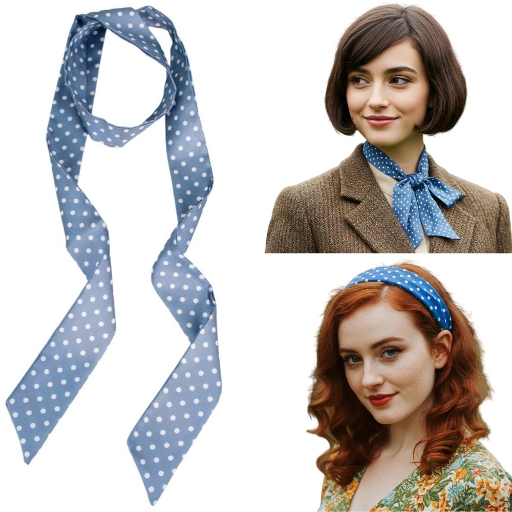 Satin Long Skinny Neck Scarf Necktie Headband Wrap Multi-Purpose Neckerchief - Polka Dots