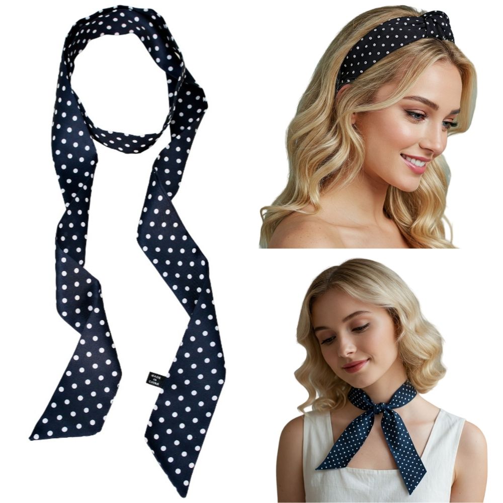 Satin Long Skinny Neck Scarf Necktie Headband Wrap Multi-Purpose Neckerchief - Polka Dots